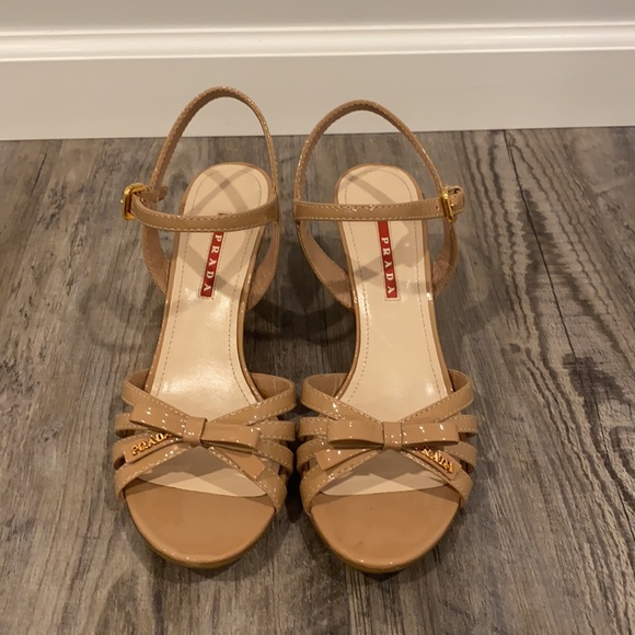 Prada Patent Leather Nude Sandals Wedges Shoes - Picture 4 of 15
